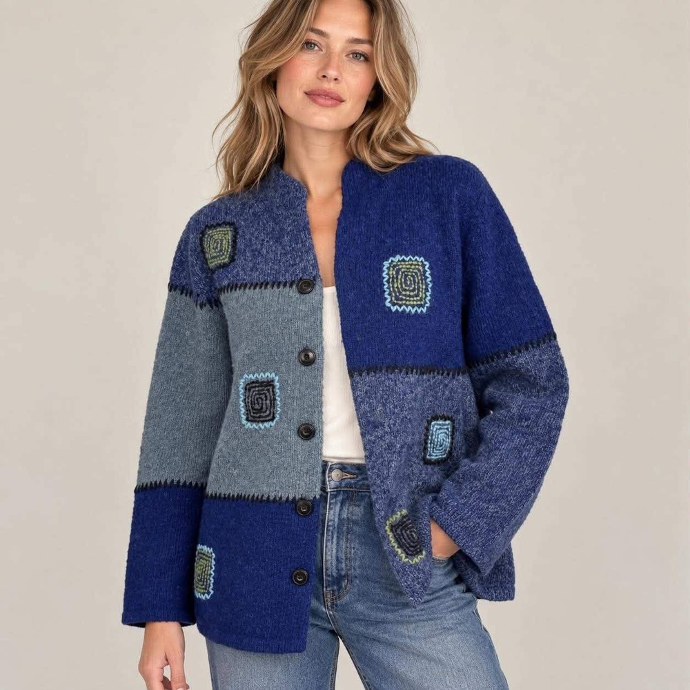 Vtg Australian Wool Cardigan Womens Medium Blue Gray Grannycore Patchwork